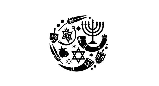 Jewish symbols arranged in a circle composition.
