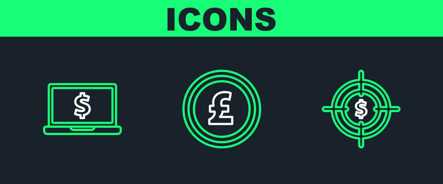 Set line Target with dollar symbol, Laptop and Coin money pound sterling icon. Vector