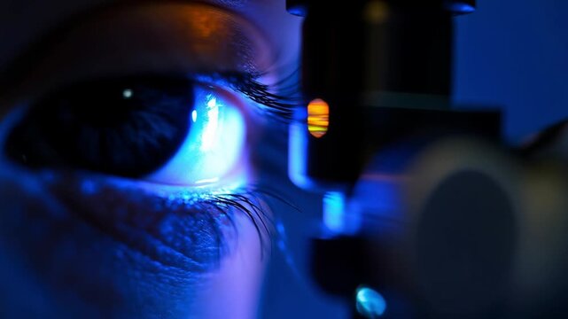 Close up of a vivid blue iris with a reflected glowing light and a futuristic technology overlay symbolizing biometric scanning and vision recognition