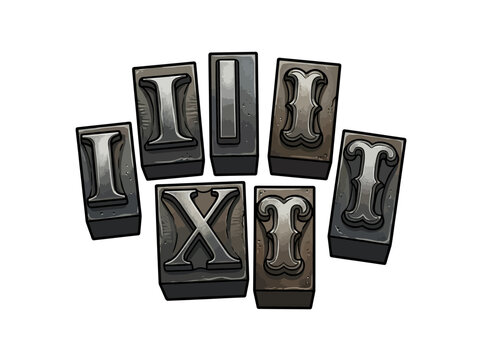 Hand Cast Iron Type Blocks For Traditional Printing With Weathered Metal Surfaces, Scattered Letter Display, Vintage Typography, Vector Illustration