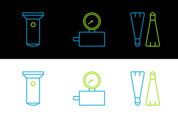 Set line Rubber flippers for swimming, Flashlight and Gauge scale icon. Vector © Oksana