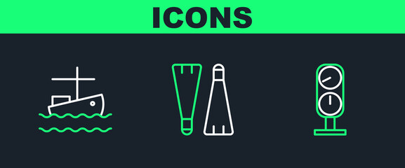 Set line Gauge scale, Fishing boat on water and Rubber flippers for swimming icon. Vector © Oksana