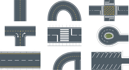 Asphalt Road and Highway Element Set Vector Illustration Collection with Top View Topography Map Tiles of Intersections Crosswalks Roundabouts and Parking Lots © Rashidul