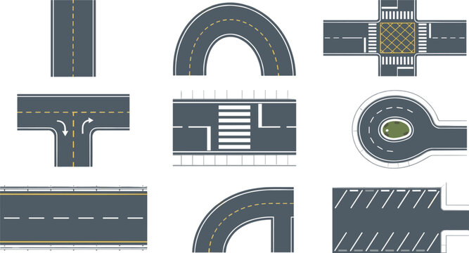 Asphalt Road and Highway Element Set Vector Illustration Collection with Top View Topography Map Tiles of Intersections Crosswalks Roundabouts and Parking Lots