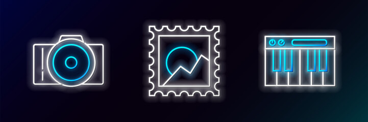 Set line Music synthesizer, Photo camera and Picture landscape icon. Glowing neon. Vector © Oksana