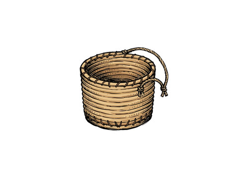 Hand Woven Cylindrical Basket With Thick Rope Coil Handle In Sketchy Vector Style, Natural Tones And Detailed Weaving Patterns Vector Illustration