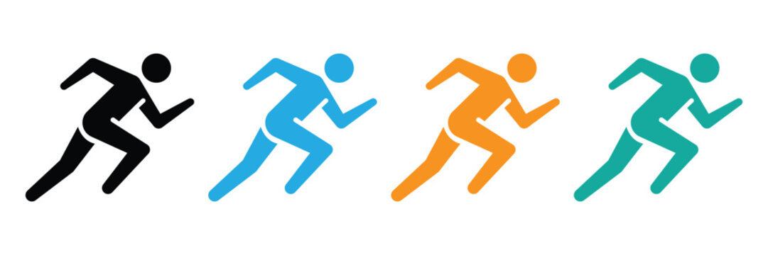 Four colored running stick figures on white background for business or sports concepts
