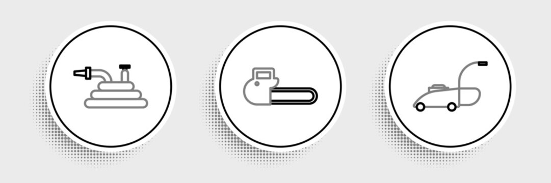 Set line Lawn mower, Garden hose or fire hose and Chainsaw icon. Vector