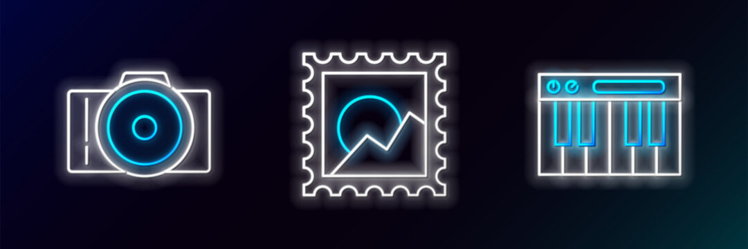 Set line Music synthesizer, Photo camera and Picture landscape icon. Glowing neon. Vector