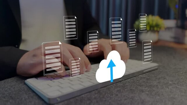Cloud upload concept. cloud storage and file transfer icons, online data backup, secure document upload and digital storage technology.