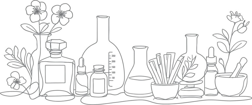 Botanical perfume and apothecary lab supplies illustration