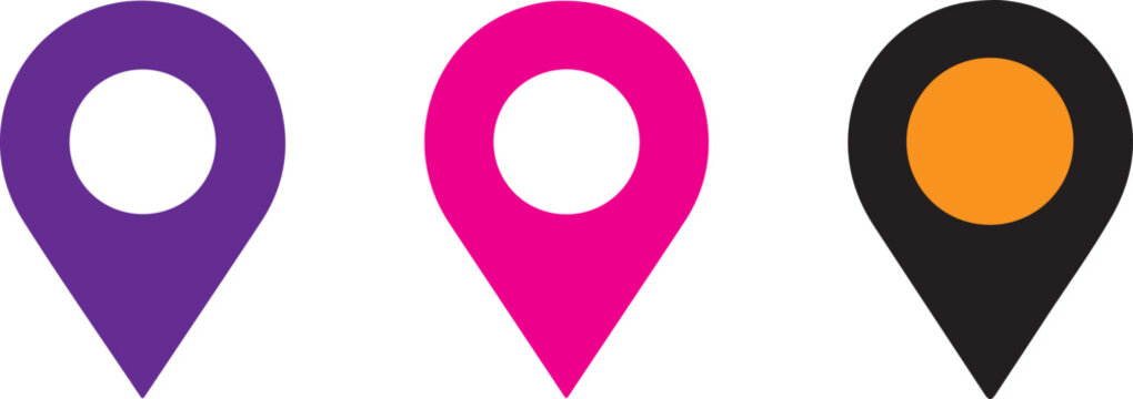 Colorful map marker icons in purple pink and black isolated on white background