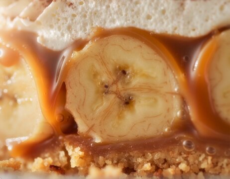 Macro shot of fresh banoffee pie layer with ripe banana slice, golden flowing caramel sauce, whipped cream, and biscuit crust