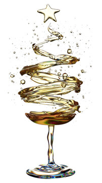 Champagne Glass Art: Christmas Tree Swirl with Star Topper for Holiday Celebration