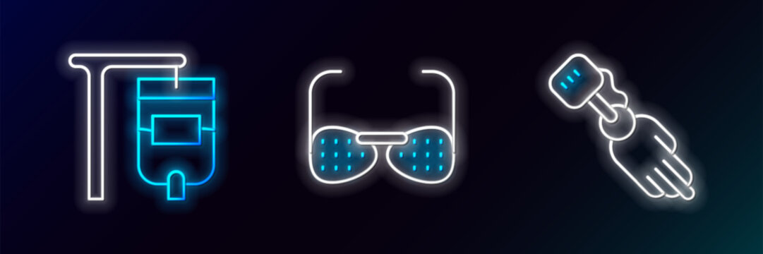 Set line Prosthesis hand, IV bag and Blind glasses icon. Glowing neon. Vector