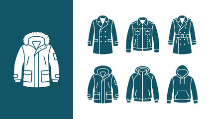 Winter coats and jackets icon set – vector silhouettes of outerwear for fashion design, branding, and ecommerce. Flat vector EPS 10. © Muchib R.