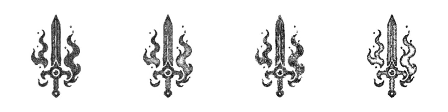 Sketch black and white dark magic sword icon design set