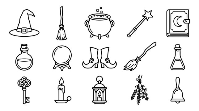 Halloween witchcraft magic icons set black and white line art
