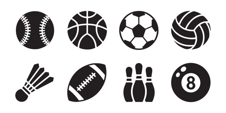 Set of various sports ball icons including baseball basketball soccer volleyball shuttlecock football.