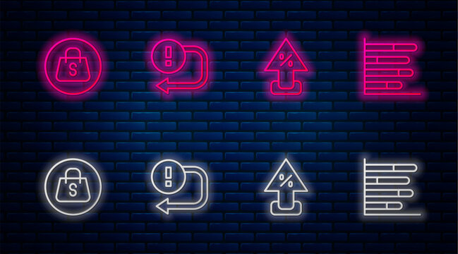 Set line Arrow, Percent up arrow, Shopping bag with Sale and Pie chart infographic. Glowing neon icon on brick wall. Vector