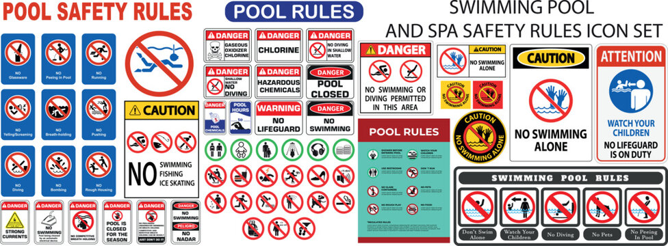 Swimming Pool Safety Sign Collection with Rules, Warning Labels and Instruction Symbols Vector Set