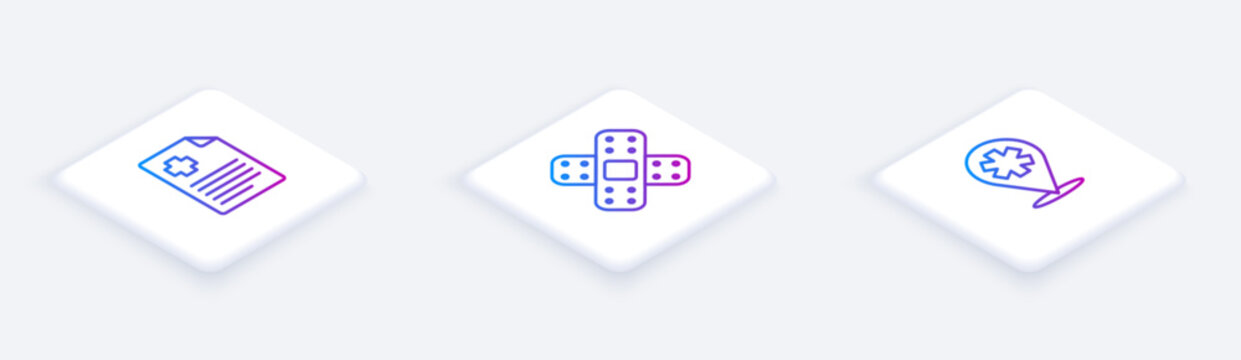 Set Isometric line Patient record, Crossed bandage plaster and Location hospital. White square button. Vector