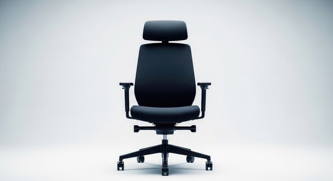 Una sedia da ufficio ergonomica rivestita in tessuto nero, caratterizzata da uno schienale alto e braccioli regolabili su una base a ruote, comfort, elegante, rotelle