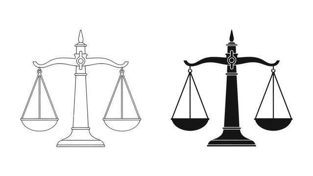 Scales of Justice Symbol: Two classic balance scales, one outlined and one solid black, represent the concept of justice, balance, and legal fairness.