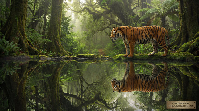Tiger stands by a lake in a lush tropical jungle with its reflection visible in the calm water. Concept of wildlife conservation, biodiversity, and the beauty of nature in the rainforest.