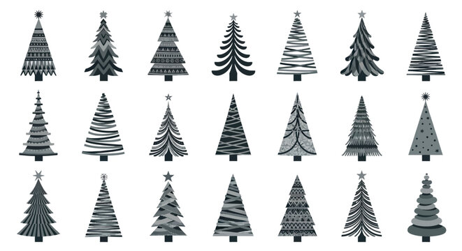Set of fifteen stylized pixel art christmas trees with star tops for holiday illustrations