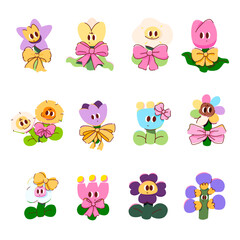 Fototapeta premium Cute flower cartoon characters set, kawaii floral vector collection with ribbon bows, isolated on white background. vector and illustration.