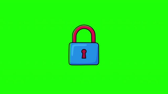 Animated blue padlock icon with locking motion, security symbol, flat doodle style, green screen and white background versions, video