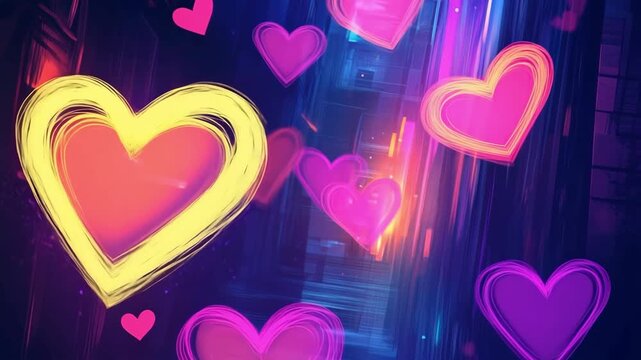 Glowing neon yellow and pink hearts floating through a vibrant cyberpunk city scene symbolizing modern digital love and romance