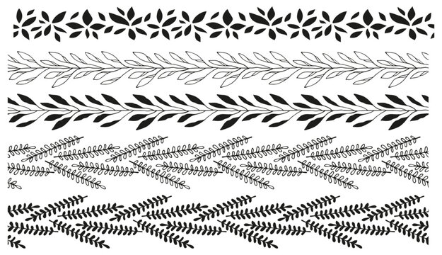 Collection of five hand-drawn botanical borders with transparent background, floral leaf leaves