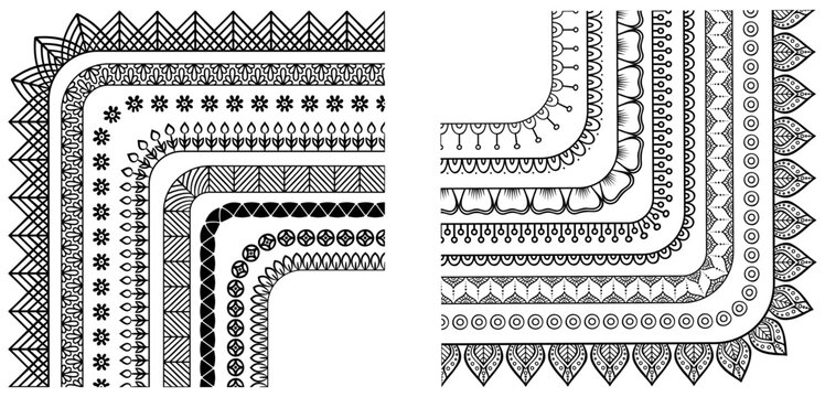 Intricate black and white decorative corner borders with mandala