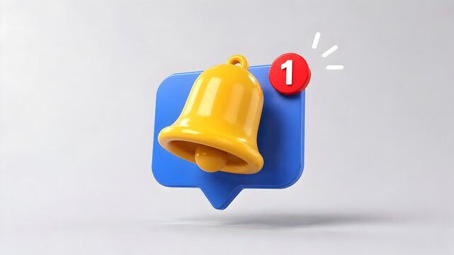 3D yellow notification bell with red alert bubble over blue speech icon for social media reminder and message concept