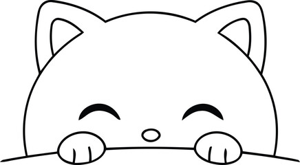 Obraz premium Cute happy cat peeking over edge outline vector illustration with illustration, adorable