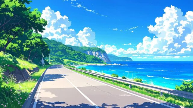 青い海を望む夏の海岸道路 アニメ風の爽やかな風景 背景動画