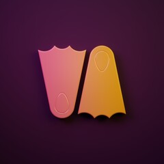 Orange-yellow Rubber flippers for swimming icon isolated on purple background. Diving equipment. Extreme sport. Sport equipment. Minimalism concept. 3D render illustration © Vadim