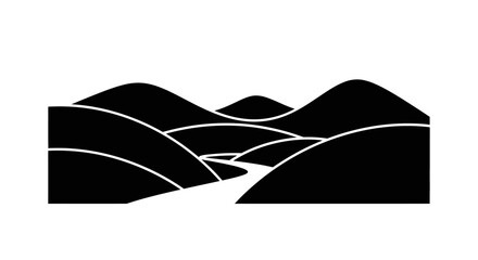 Naklejka premium Minimalist black and white landscape icon with rolling hills and a winding path.