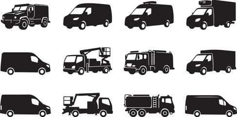 Commercial Delivery Van and Utility Service Truck Black Silhouette Icon Set Collection Vector © MstJahanara