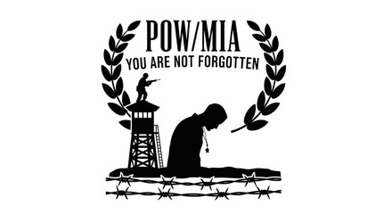 Fototapeta premium POW MIA military memorial graphic with silhouette of a soldier and watchtower.