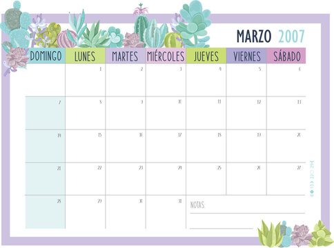 Calendario imprimible 2027 - Marzo - Plantilla mensual con cactus y suculentas - EPS vectorial