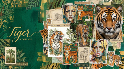 Fototapeta premium Artistic Collage of Tigers, Wildlife Illustrations, Jungle Environment, Nature Artwork, Vivid Colors, Aesthetic Composition