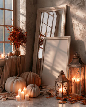 Thanksgiving Harvest Blank Frame With Pumpkins Candles Lanterns and Cozy Autumn Interior