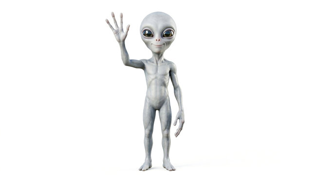 Friendly grey alien waving hello with big eyes