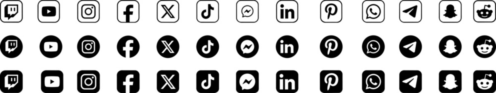 Social Media Logo Icon Collection with Facebook, Instagram, X, TikTok, YouTube, LinkedIn, WhatsApp, Telegram and Popular Platform Symbols