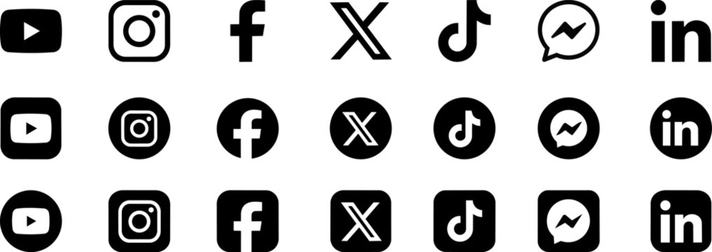 Social Media Logo Icon Set Featuring Facebook, Instagram, X, TikTok, YouTube, LinkedIn, Messenger and Popular Platform Symbols for Web and Mobile