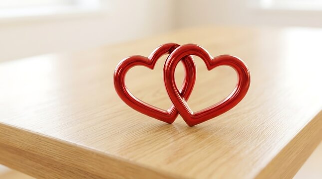 Glossy Red Intertwined Hearts on Light Wood Close-Up Love & Affection Symbol Photo