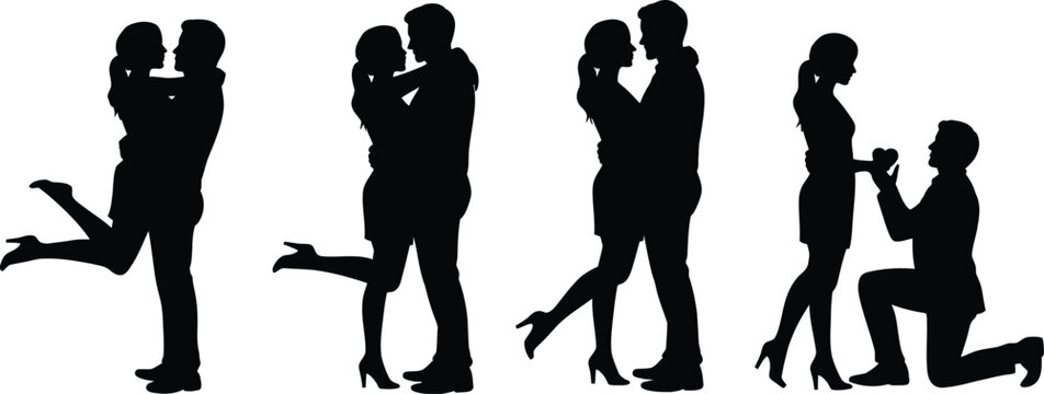 Romantic couple silhouettes set with man proposing on one knee and lovers hugging passionately isolated on a clear white background.